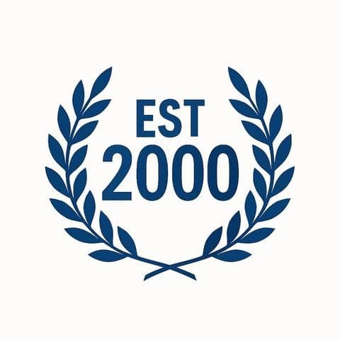 Logotyp för flyttfirma med laurbärkrans och text "EST 2000".