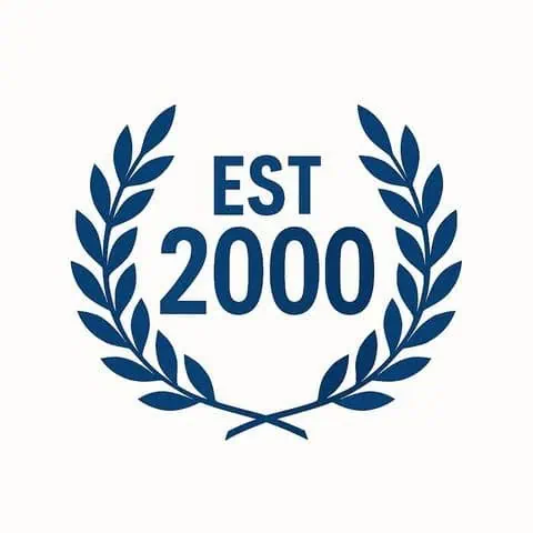 Logotyp för flyttfirma med laurbärkrans och text "EST 2000".