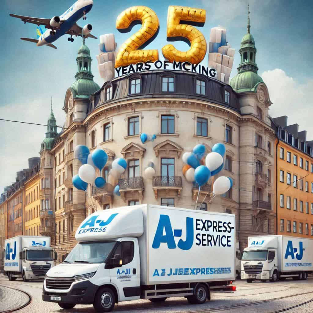 Flyttbil med logotyp för A-J Express-Service framför historisk byggnad.