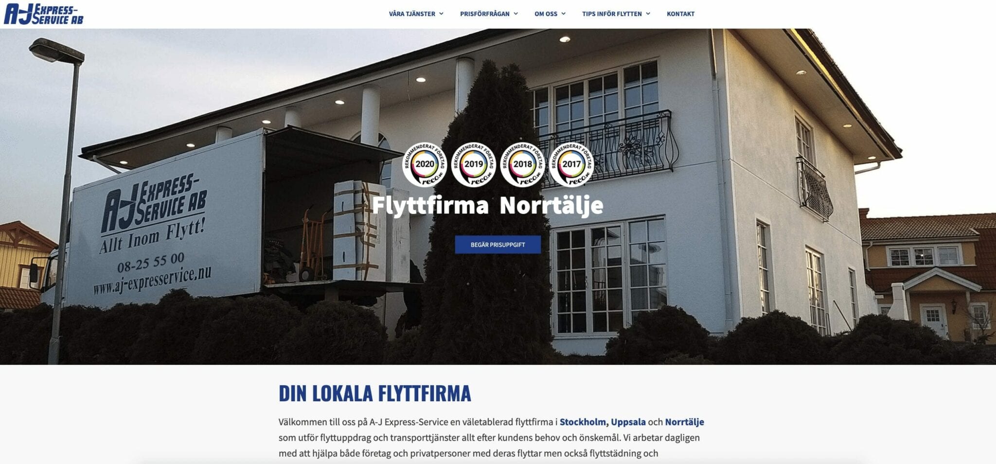 Flyttfirma AJ Express hemsida