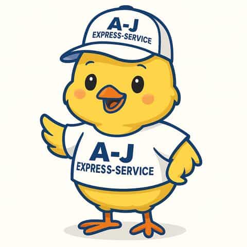 Maskot för A-J Express-Service som representerar flytt- och transporttjänster i Stockholm.