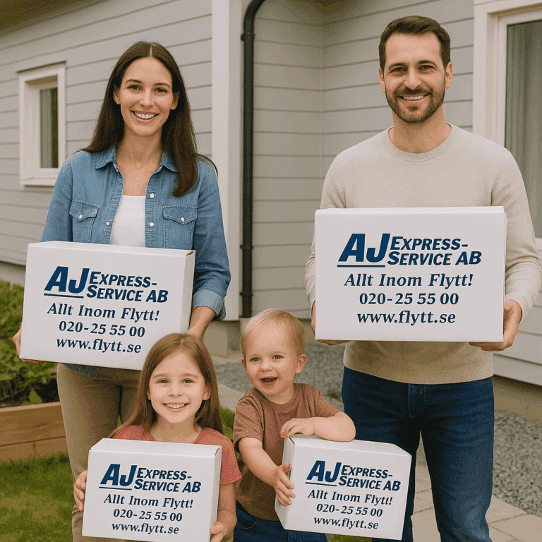 Familj med flyttkartonger utanför huset.