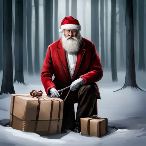 Jultomte som bär paket i snöig skog, julklappssändning och vinterstämning.