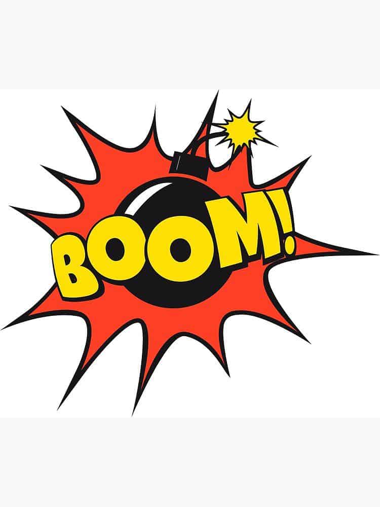 Explosion med bomb och "BOOM!"-text i cartoonstil.