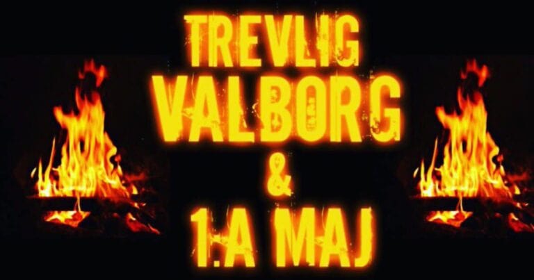 Bild av brinnande eldar med texten "Trevlig Valborg & 1 maj" i ljusa, varma färger.