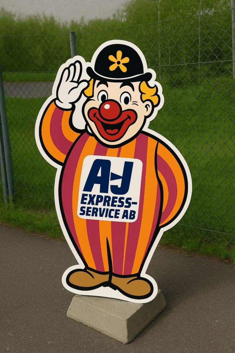 Clownfigur som marknadsför A-J Express-Service i Stockholm, Uppsala och Norrtälje.
