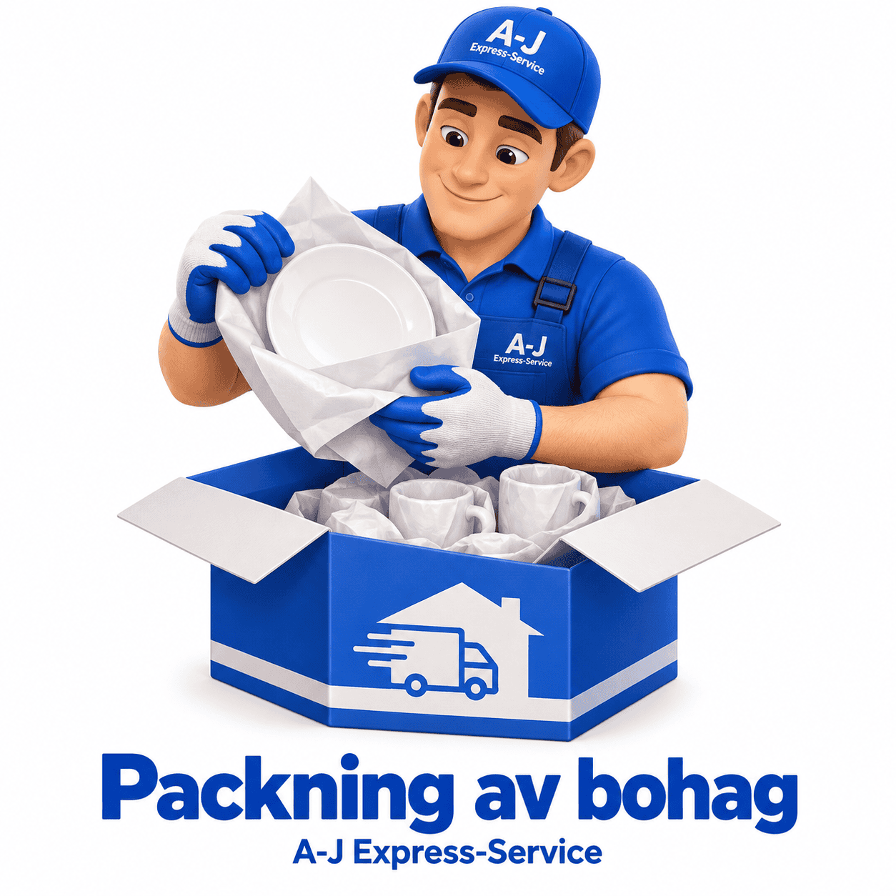 Flyttman packar porslin i kartong för flytt.