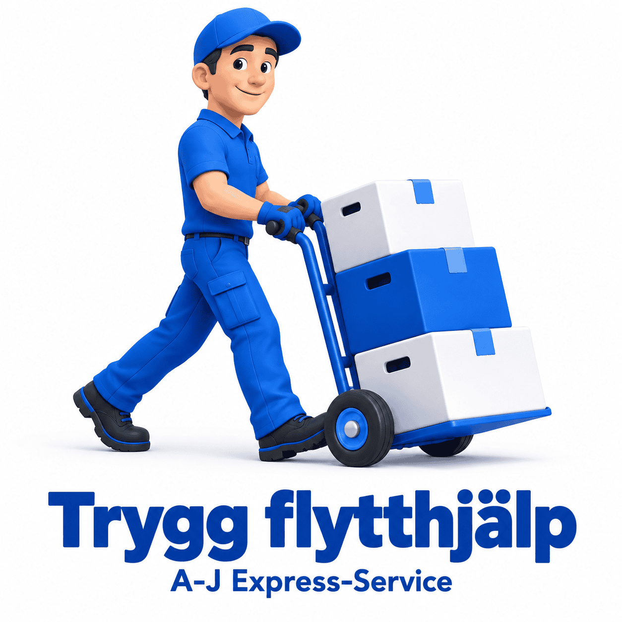 Ung man i blå flyttuniform med flyttkartonger och vagn.
