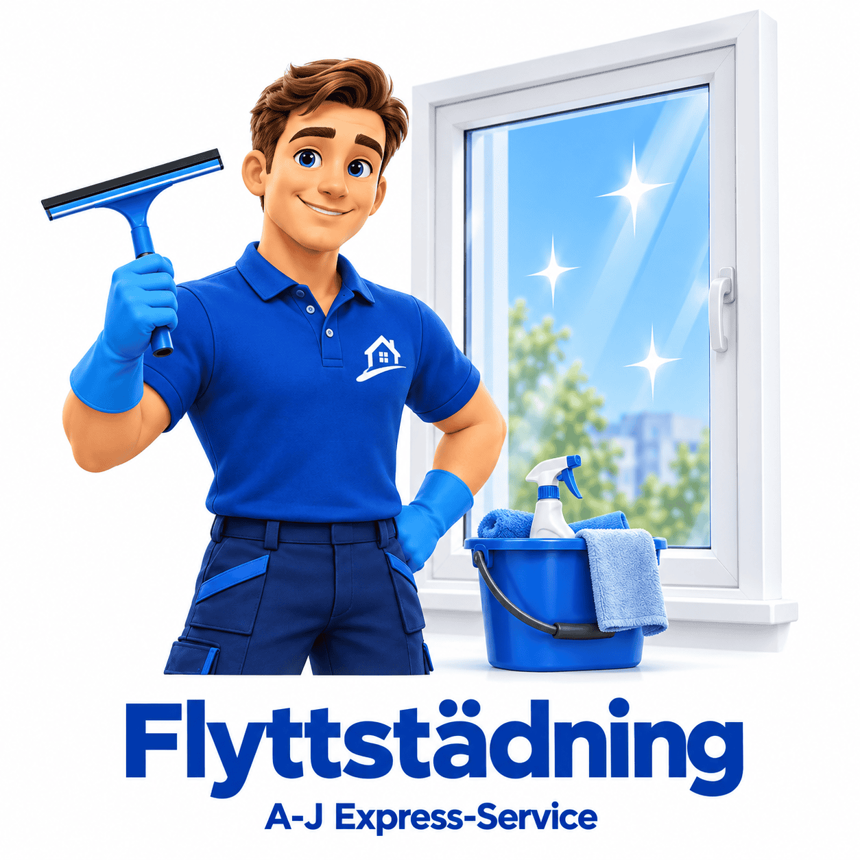 Ung man med fönsterputsverktyg framför ett fönster.