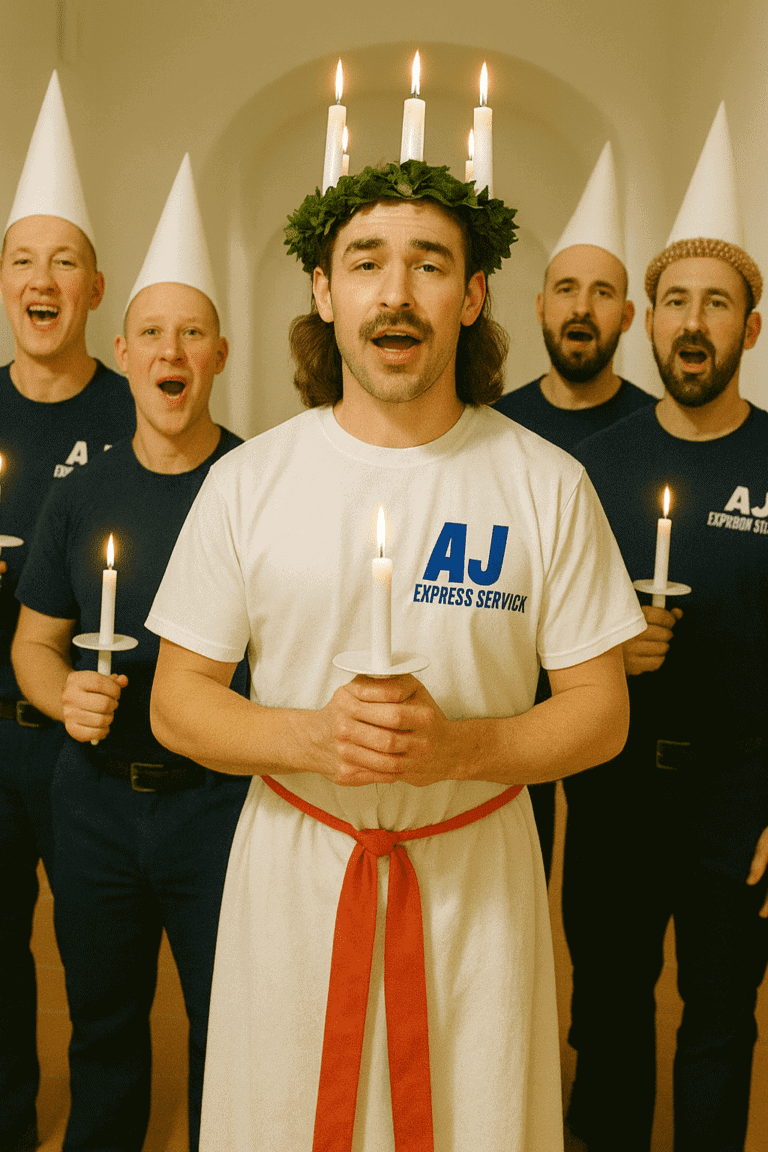 Föreställer en lucia med ljus och tomteluvor, omgiven av glada medarbetare i festlig stämning.