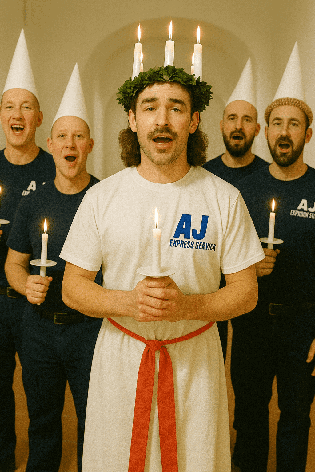 Föreställer en lucia med ljus och tomteluvor, omgiven av glada medarbetare i festlig stämning.