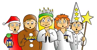 Luciatåg med tomten, pepparkaksgubbe och stjärngosse i julstämning.