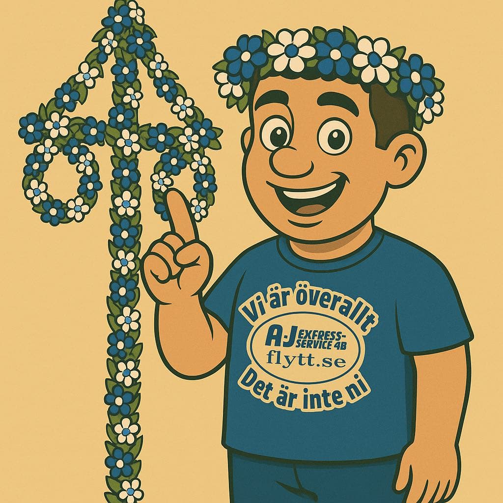 Glad man med blomkrans och flyttkartong, midsommarhälsning från A-J Express-Service.