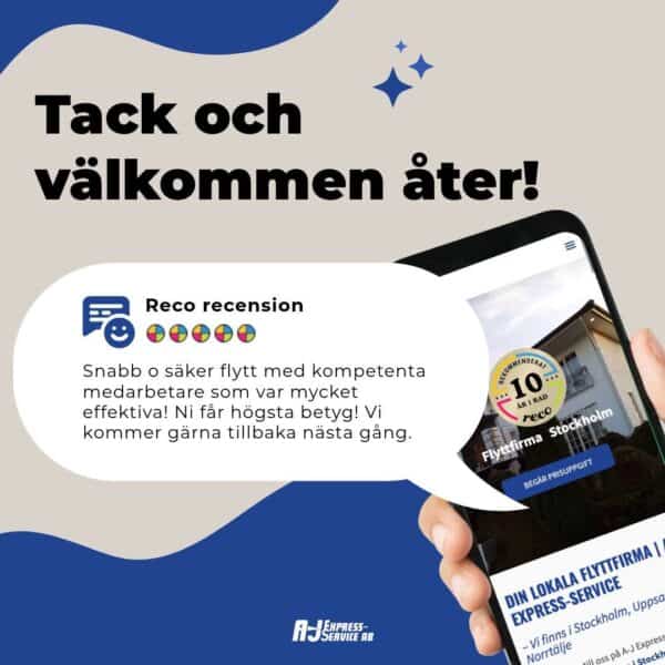 Femstjärnigt Reco-omdöme om A-J Express-Service – rekommenderad flyttfirma i 10 år