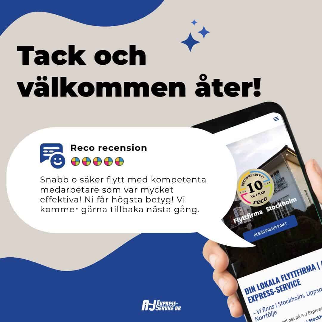 Femstjärnigt Reco-omdöme om A-J Express-Service – rekommenderad flyttfirma i 10 år